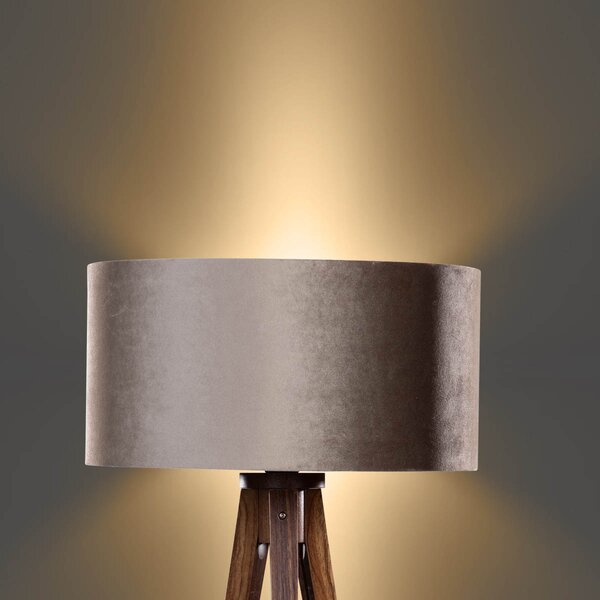 Lampa podłogowa na trójnogu z drewna orzechowego z abażurem z weluru taupe 50 cm - Tripod Classic