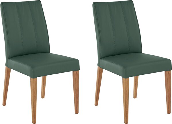 Eleganckie skórzane krzesła (2 szt.) o ciemno zielonym kolorze z dębowymi nogami
