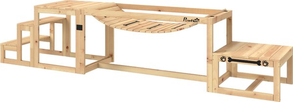 Stacja treningowa Tannenholz, zestaw agility dla psów, 3-elementowy, z mostkiem, schodami i platformą, wykonany z naturalnego drewna | dla dużych psów | do 40 kg | 117 x 50 x 56 cm