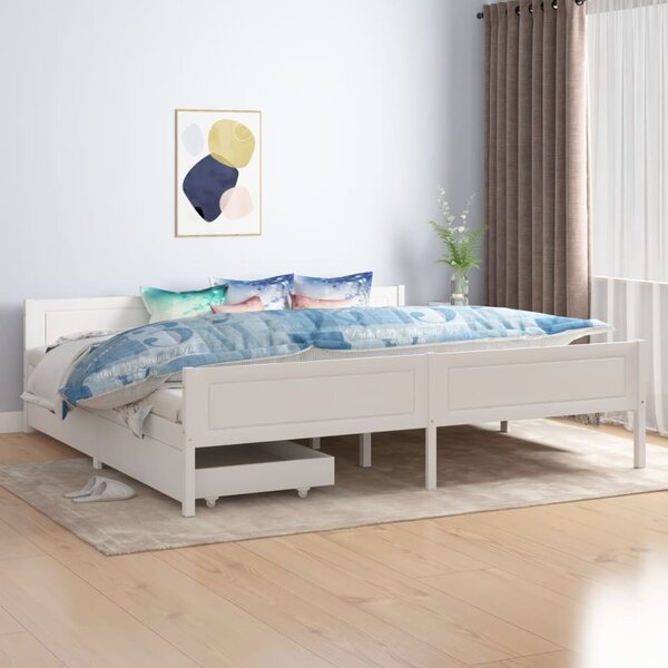 Rama łóżka z 2 szufladami, biała, drewno sosnowe, 200x200 cm