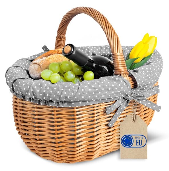 Kosz Piknikowy Wiklinowy | CREATIVE HOME | z Szarym Obszyciem w Kropki 43x32x37cm | Naturalny Brąz