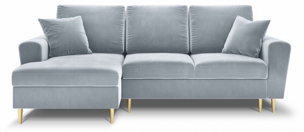 Rozkładana sofa narożna Moghan błękitna na złotych nóżkach