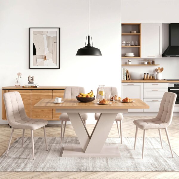 Zestaw Stół Prostokątny Rozkładany CLARK 120-160 cm Dąb Artisan/Kaszmir i 4 Krzesła SAL Beżowe