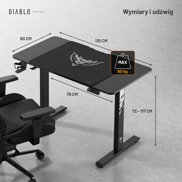 Biurko gamingowe elektryczne Diablo X-Tensio 110 cm, kolor czarny carbon
