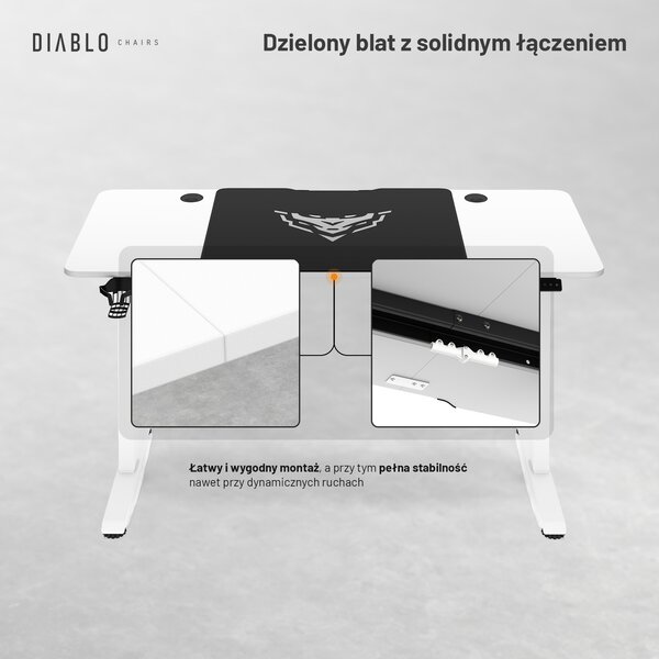 Biurko gamingowe z regulacją wysokości Diablo X-Tensio 140 cm, kolor biały