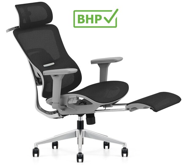 Ergonomiczny fotel biurowy Homer z podnóżkiem i wieszakiem, zgodny z normą BHP