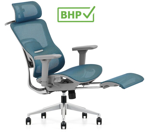 Ergonomiczny fotel biurowy Homer z podnóżkiem i wieszakiem, zgodny z normą BHP