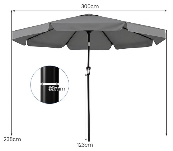 Parasol KOMFOTTEU, 300 cm, parasol ogrodowy z regulowanym ktem nachylenia 30°, metalowa konstrukcja, 8 rozpórek, mechanizm otwierania, parasol tarasowy do uytku zewntrznego z ozdobnym wykoczeniem, parasol targowy do ogrodu, tarasu, play