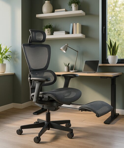 Ergonomiczny fotel biurowy Zenit z wysuwanym podnóżkiem, zgodny z normą BHP