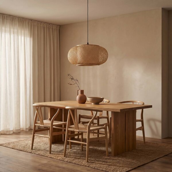 Lampa wisząca Romaine Lindby, możliwość ściemniania, jasne drewno, salon / jadalnia, bambus, skandynawski