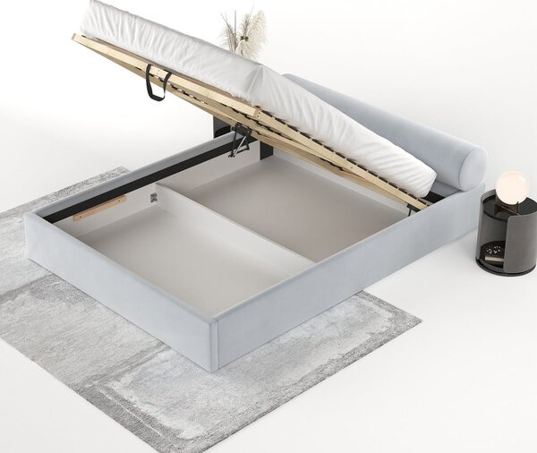 Jasnoszare tapicerowane łóżko dwuosobowe ze schowkiem i stelażem 140x200 cm Solvo – Maison de Rêve