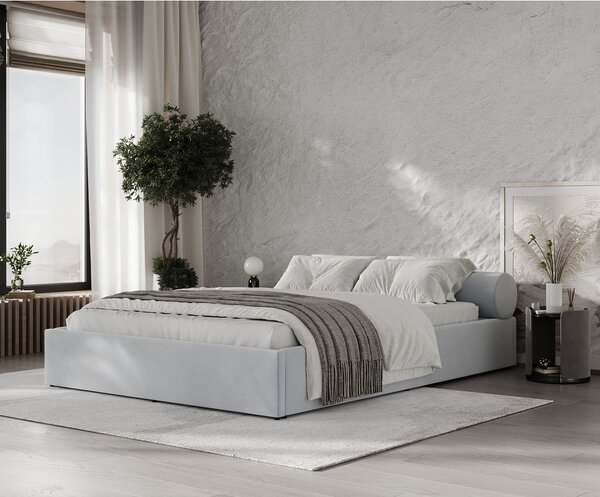 Jasnoszare tapicerowane łóżko dwuosobowe ze schowkiem i stelażem 140x200 cm Solvo – Maison de Rêve