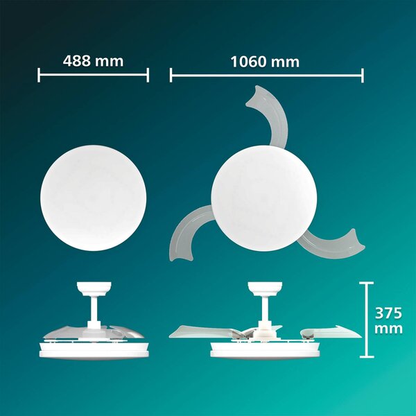 Philips Wentylator sufitowy LED Solr, biały, prąd stały, cichy, regulacja barw możliwość ściemniania, biały / opal, salon / jadalnia, metal, nowoczesny