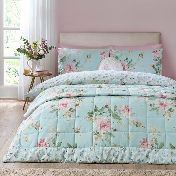 Niebieska narzuta pikowana 220x230 cm Avebury Floral – Catherine Lansfield