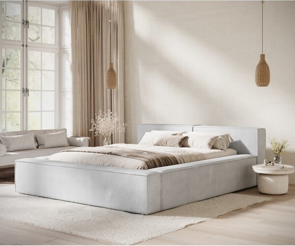 Jasnoszare tapicerowane łóżko dwuosobowe ze schowkiem i stelażem 140x200 cm Voliera – Maison de Rêve