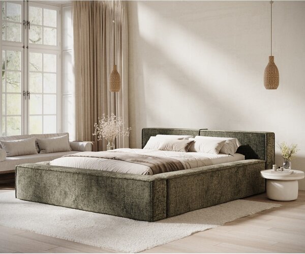 Ciemnozielone tapicerowane łóżko dwuosobowe ze schowkiem i stelażem 140x200 cm Voliera – Maison de Rêve