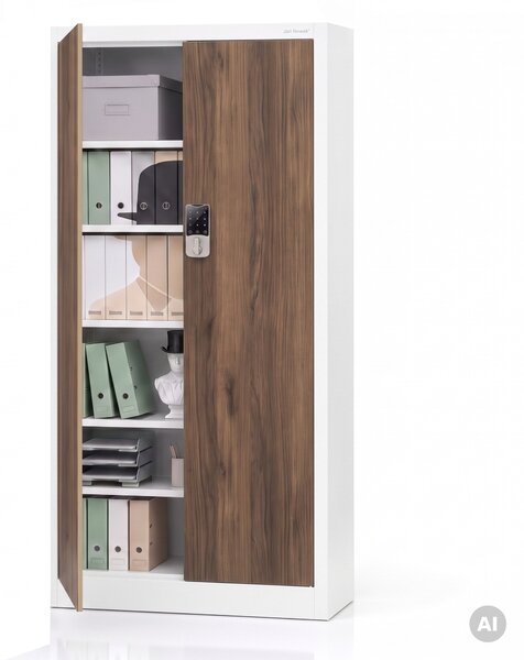Szafa biurowa metalowa z zamkiem na szyfr biała/orzech, 900x1850x400 mm: DANIEL Eco Design