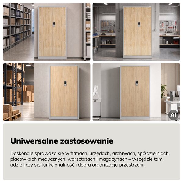 Szafa biurowa metalowa z zamkiem na szyfr szara/dąb sonoma, 900x1850x400 mm: DANIEL Eco Design
