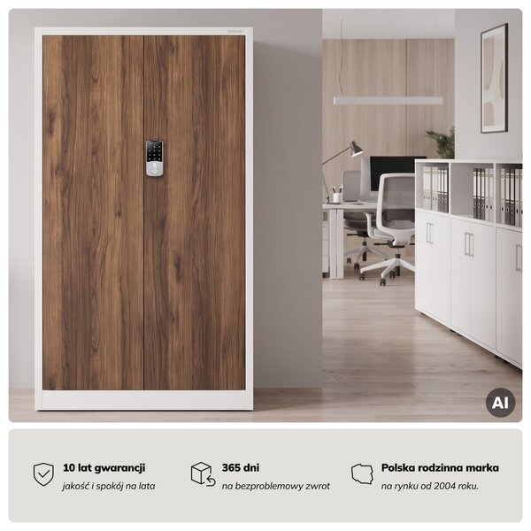 Szafa biurowa metalowa z zamkiem na szyfr biała/orzech, 900x1850x400 mm: DANIEL Eco Design