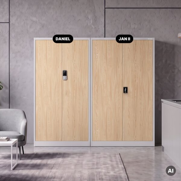 Szafa biurowa metalowa z zamkiem na szyfr szara/dąb sonoma, 900x1850x400 mm: DANIEL Eco Design