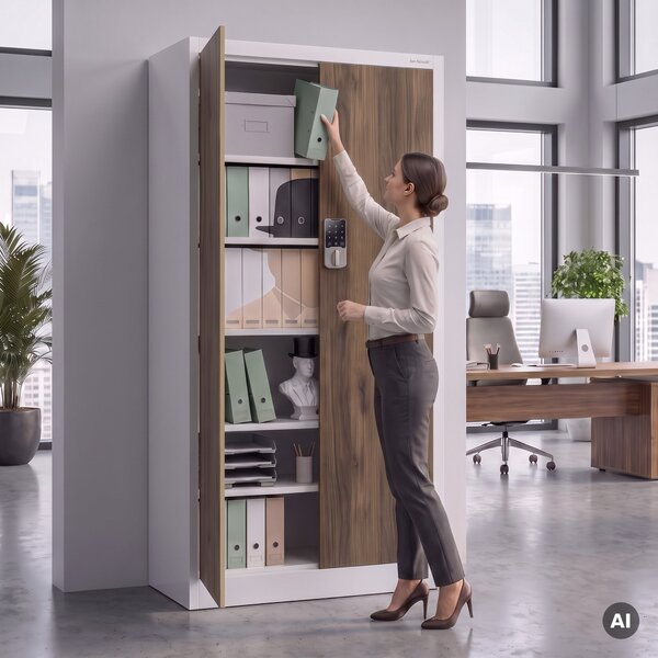 Szafa biurowa metalowa z zamkiem na szyfr biała/orzech, 900x1850x400 mm: DANIEL Eco Design