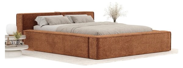 Pomarańczowe tapicerowane łóżko dwuosobowe ze schowkiem i stelażem 140x200 cm Voliera – Maison de Rêve