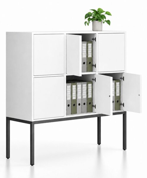 Szafa biurowa FRAME, niska, czarna podstawa, 6x drzwi, 1299 x 450 x 1331 mm, PUSH-lock, biały
