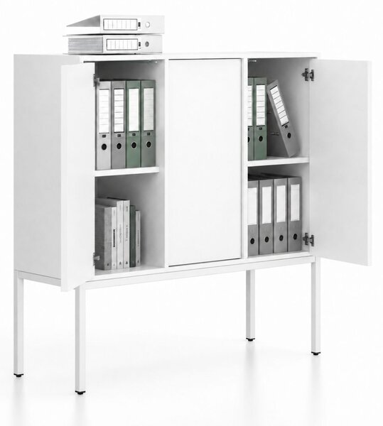 Szafa biurowa FRAME, niska, podstawa biała, 3 drzwi, 1299 x 450 x 1331 mm, PUSH-lock, biały