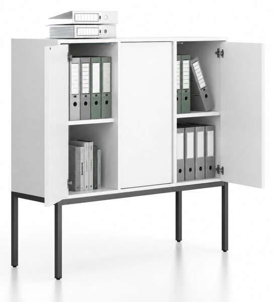 Szafa biurowa FRAME, niska, czarna podstawa, 3x drzwi, 1299 x 450 x 1331 mm, PUSH-lock, biały