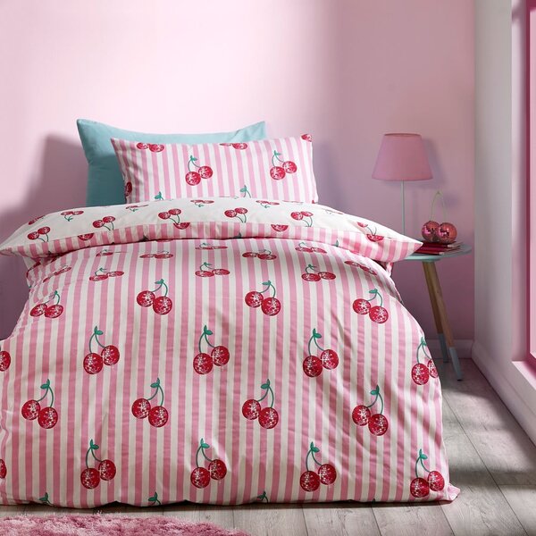 Biało-różowa pościel jednoosobowa 135x200 cm Disco Cherries Stripes – Catherine Lansfield