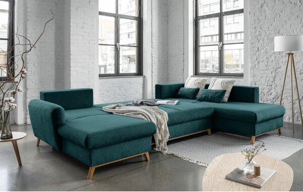 Turkusowa rozkładana sofa w kształcie litery "U" Miuform Scandic Lagom, prawostronna