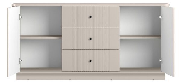 Komoda Vesper 160 cm z szufladami na cokole - kaszmir / czarne uchwyty
