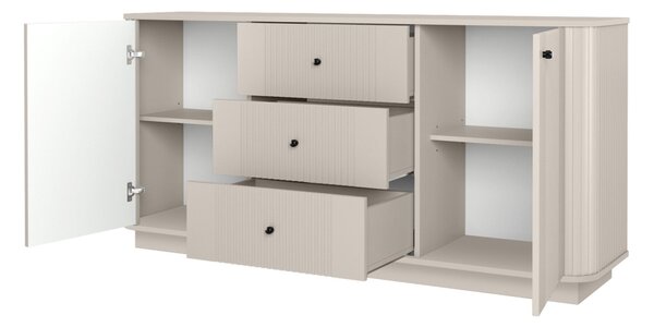 Komoda Vesper 160 cm z szufladami na cokole - kaszmir / czarne uchwyty