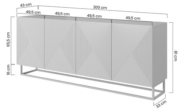 Komoda Asha 200 cm czterodrzwiowa - czarny mat / czarny stelaż