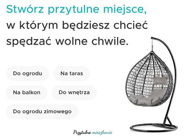 Fotel wiszący czarny KOKON bez stojaka, poduszka biało-szara