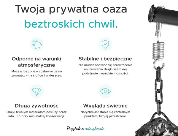 Fotel wiszący czarny KOKON bez stojaka, poduszka biało-szara