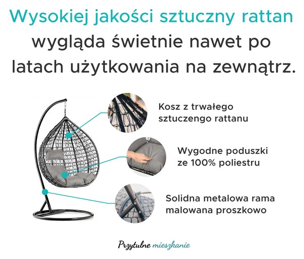 Fotel wiszący czarny KOKON bez stojaka, poduszka biało-szara