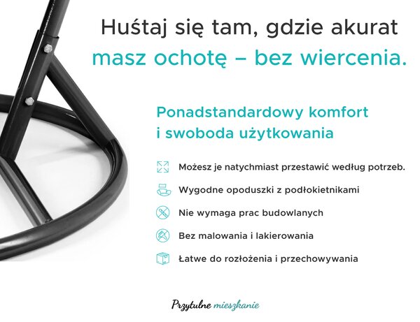 Fotel wiszący czarny KOKON bez stojaka, poduszka biało-szara