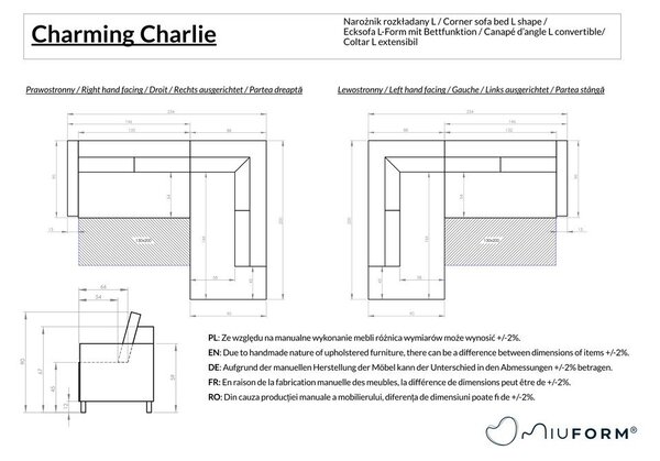 Szary rozkładany narożnik (lewostronny) Charming Charlie – Miuform