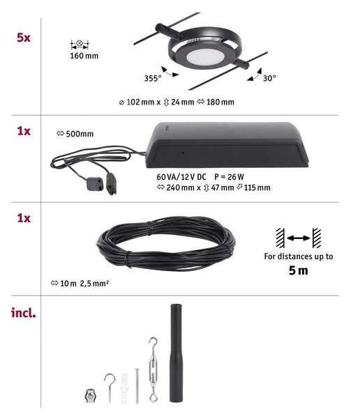 Paulmann Wire RoundMac system linkowy LED 5-punktowy czarny, czarny, przedpokój, metal, nowoczesny