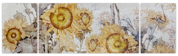 Obraz - Słoneczniki na ścianie (170x50 cm)