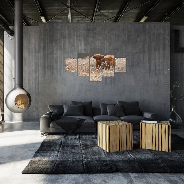 Obraz - Szkocka krowa w kwiatach (125x70 cm)