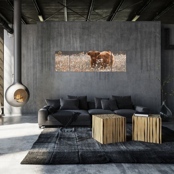 Obraz - Szkocka krowa w kwiatach (170x50 cm)