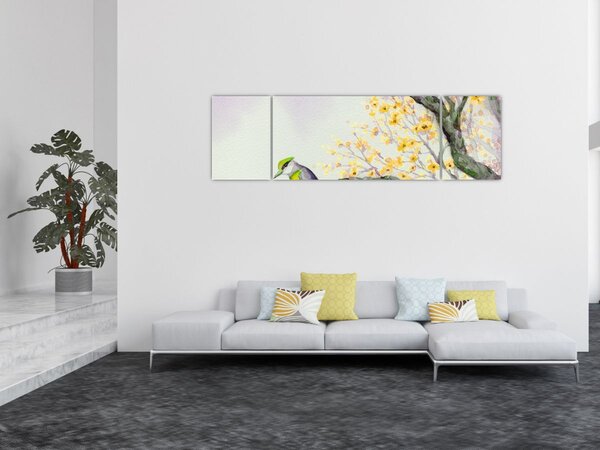Obraz - Akwarelowy ptaszek na drzewie (170x50 cm)
