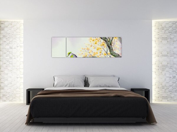 Obraz - Akwarelowy ptaszek na drzewie (170x50 cm)