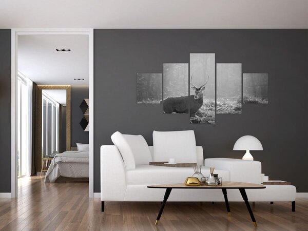 Obraz - Jeleń w lesie, czarno - biały (125x70 cm)