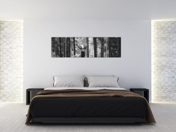 Obraz - Jeleń w lesie 2, czarno - biały (170x50 cm)