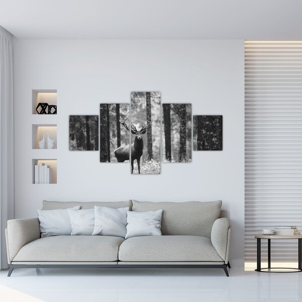 Obraz - Jeleń w lesie 2, czarno - biały (125x70 cm)