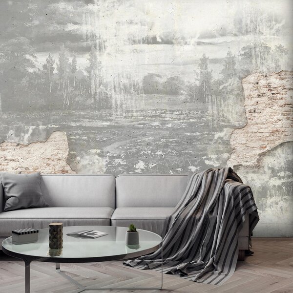 Fototapeta - Łąka w betonowej ścianie - czarno - biała (196x136 cm)