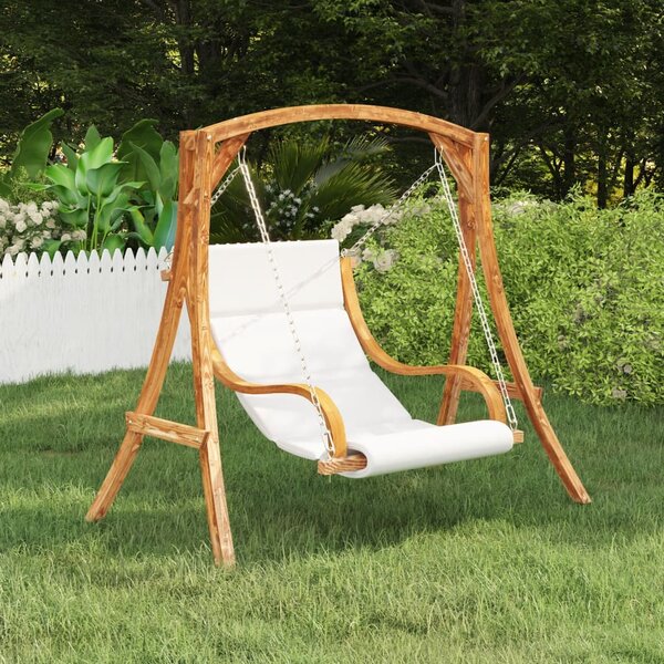 Fotel powieszany, kremowa poduszka, gięte drewno w kolorze teku